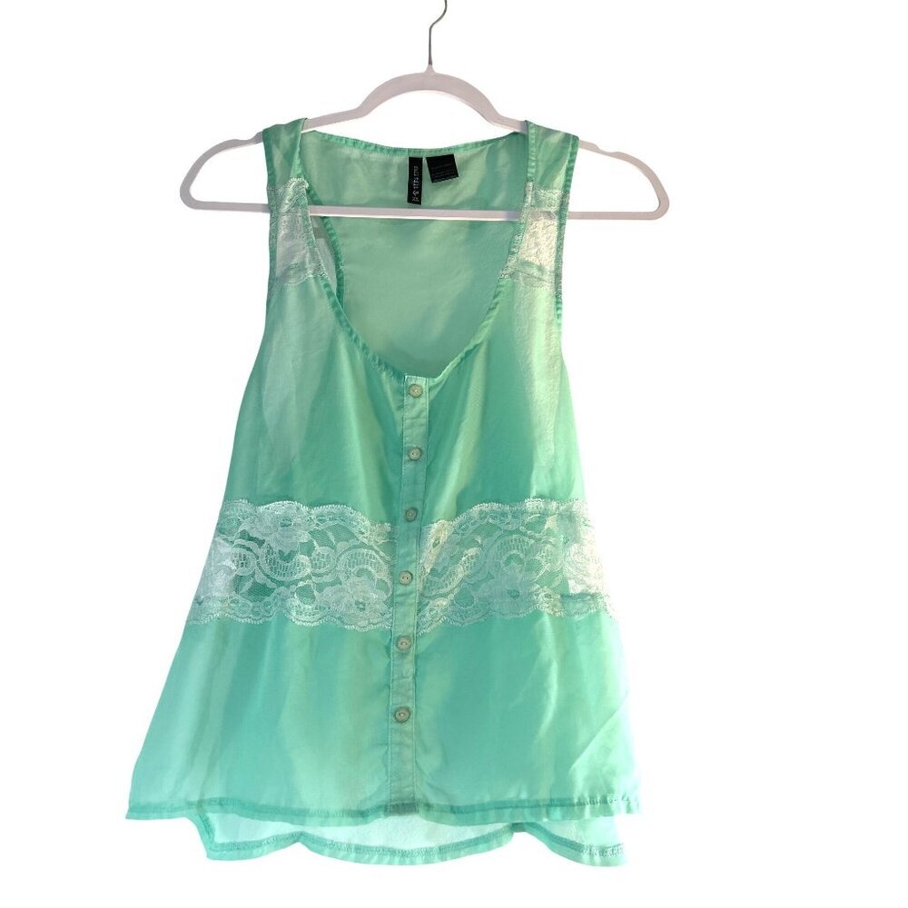 Full Tilt Womens Top Button -Up Sleeveless Round Neck Green/Lace  Sheer Hi/Lo Si